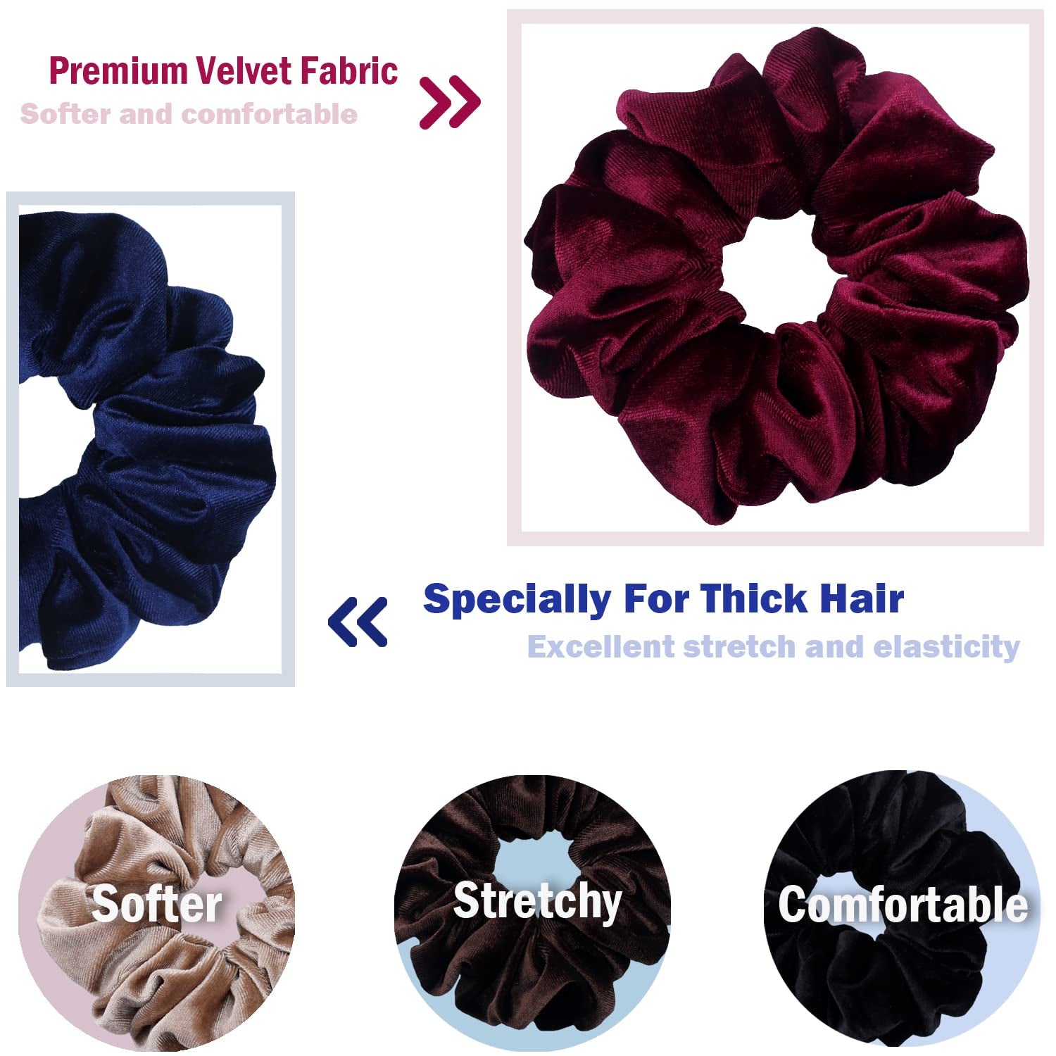 Premium Velvet Extra Large Scrunchies for Thick Hair, 6-Inch Jumbo Elastic Hair Accessories, 4-Pack, Dark Color